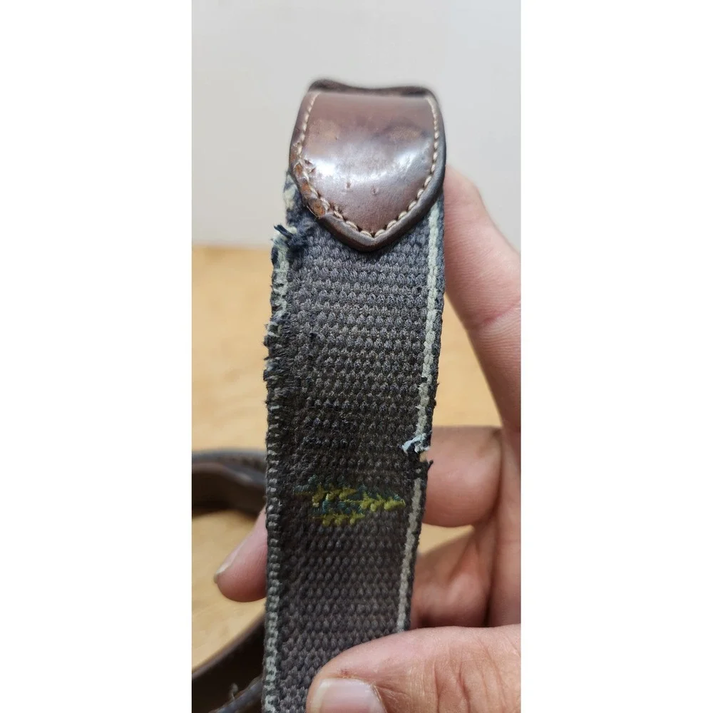 Peter Millar Mens Canvas Leather Belt Grey Brown Striped Solid Brass Buckle